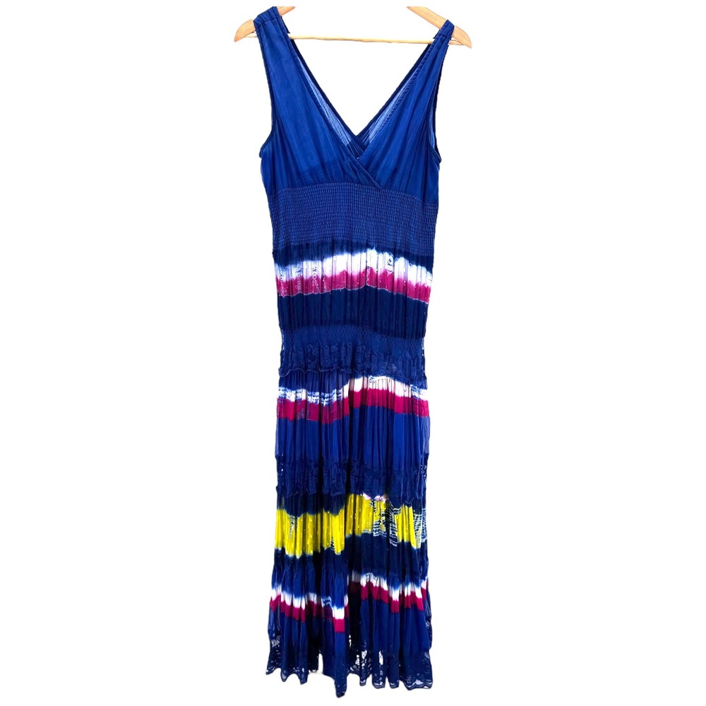 Solitaire Blue Tie Dye‎ Maxi Dress Sleeveless V Neck Casual Boho Summer Medium
